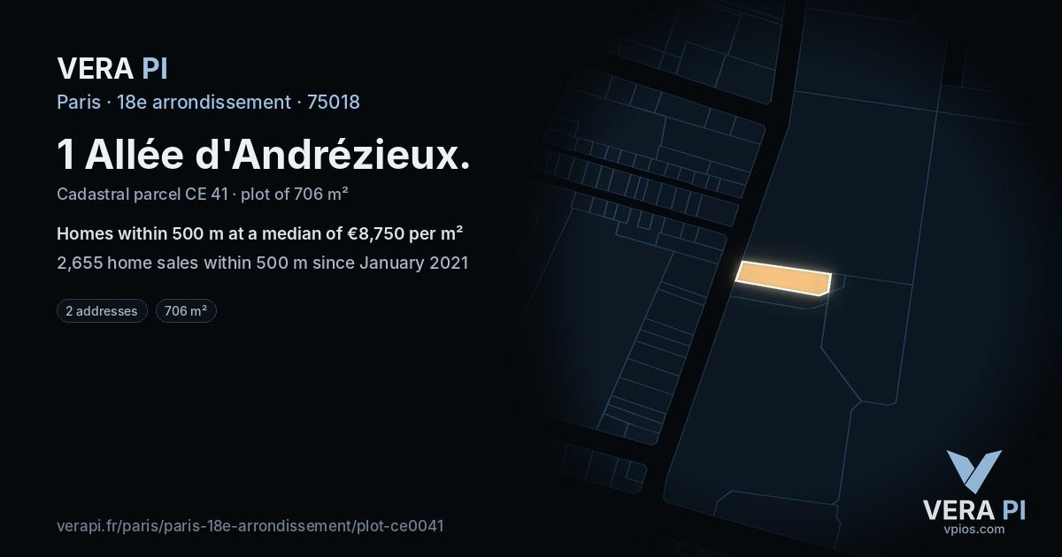 1 Allée d'Andrézieux, 18e arrondissement at night – the plot lit, the parcels around coloured by the prices near them