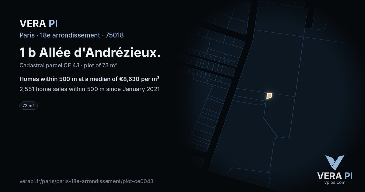 1 b Allée d'Andrézieux, 18e arrondissement at night – the plot lit, the parcels around coloured by the prices near them