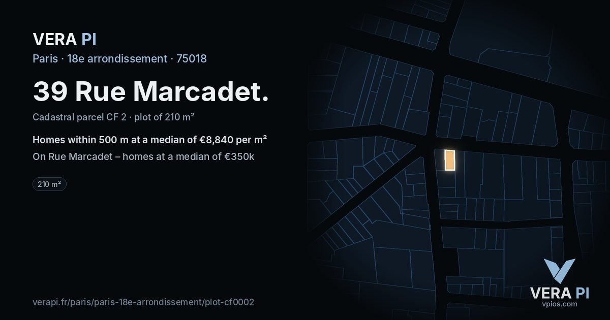39 Rue Marcadet, 18e arrondissement at night – the plot lit, the parcels around coloured by the prices near them