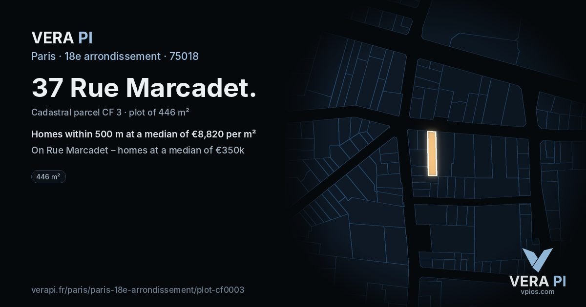 37 Rue Marcadet, 18e arrondissement at night – the plot lit, the parcels around coloured by the prices near them