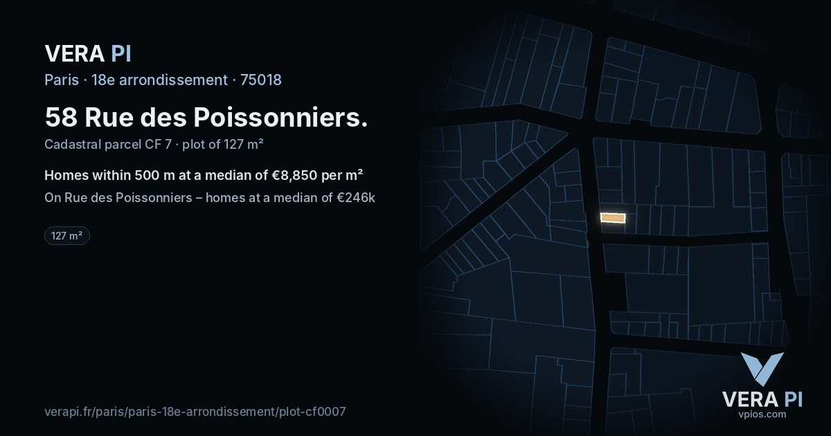 58 Rue des Poissonniers, 18e arrondissement at night – the plot lit, the parcels around coloured by the prices near them
