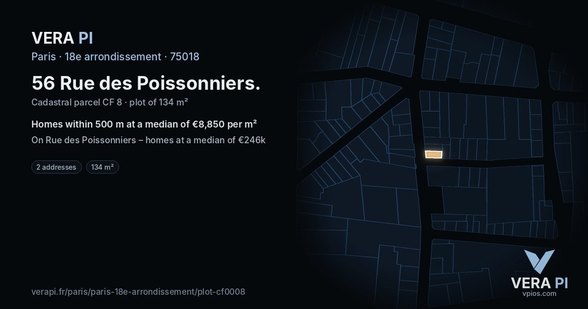 56 Rue des Poissonniers, 18e arrondissement at night – the plot lit, the parcels around coloured by the prices near them