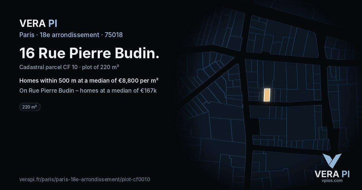 16 Rue Pierre Budin, 18e arrondissement at night – the plot lit, the parcels around coloured by the prices near them
