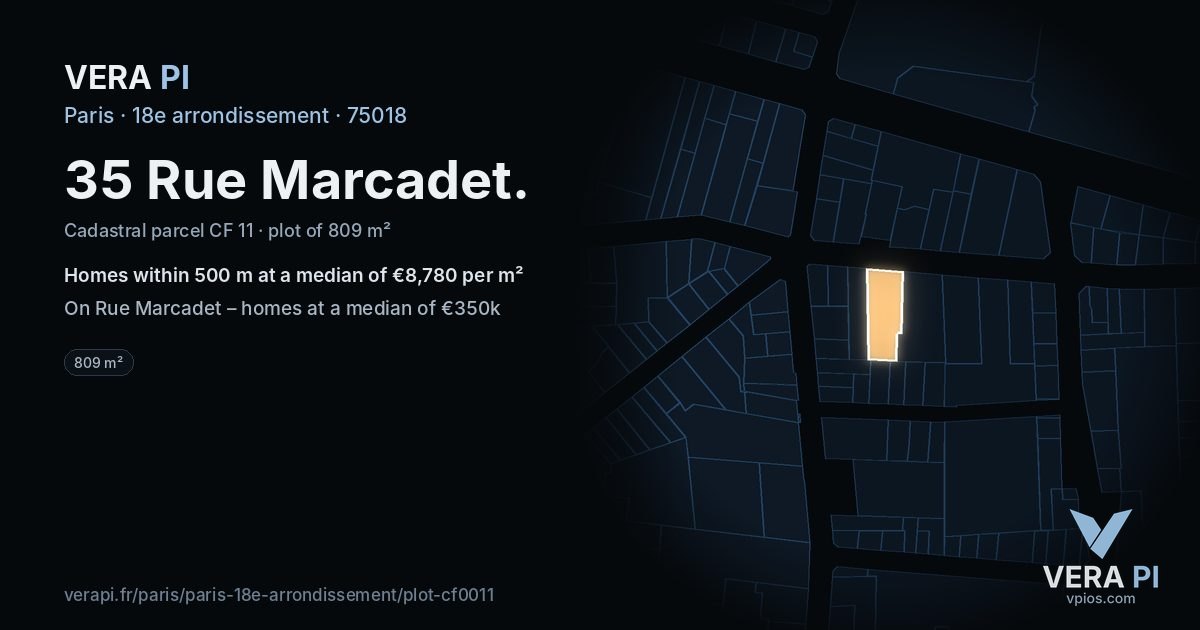 35 Rue Marcadet, 18e arrondissement at night – the plot lit, the parcels around coloured by the prices near them
