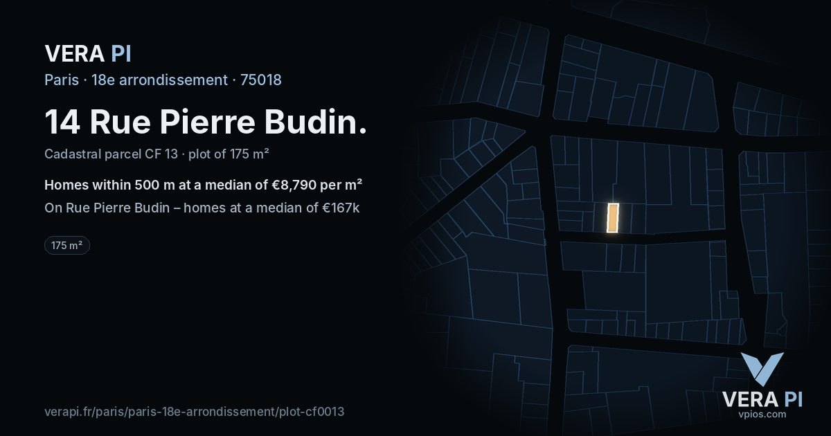 14 Rue Pierre Budin, 18e arrondissement at night – the plot lit, the parcels around coloured by the prices near them
