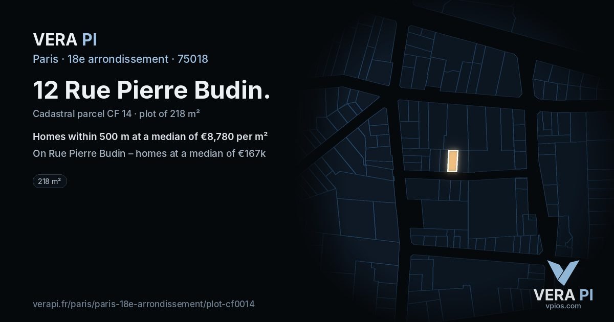 12 Rue Pierre Budin, 18e arrondissement at night – the plot lit, the parcels around coloured by the prices near them