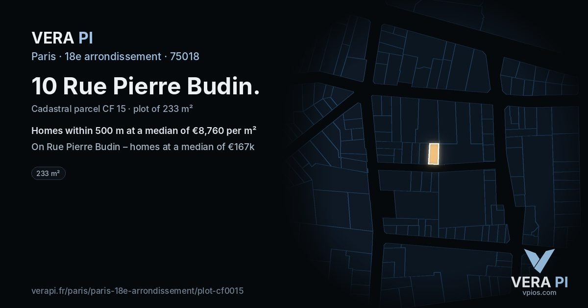 10 Rue Pierre Budin, 18e arrondissement at night – the plot lit, the parcels around coloured by the prices near them