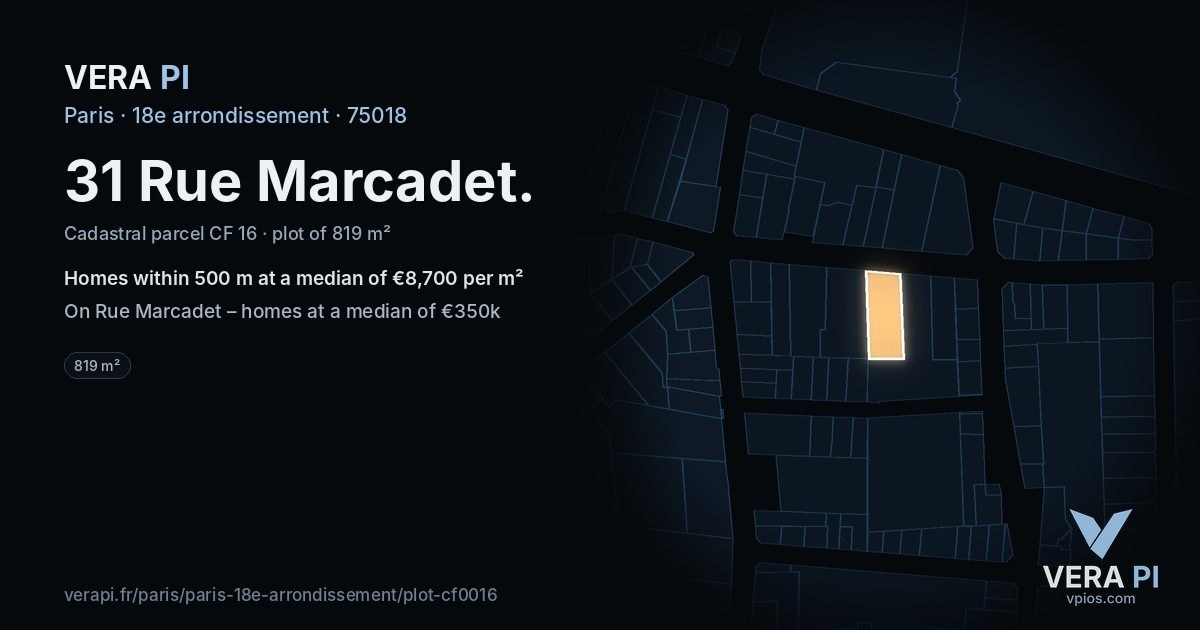 31 Rue Marcadet, 18e arrondissement at night – the plot lit, the parcels around coloured by the prices near them