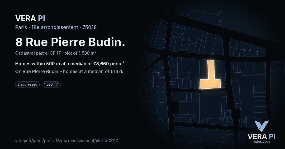 8 Rue Pierre Budin, 18e arrondissement at night – the plot lit, the parcels around coloured by the prices near them