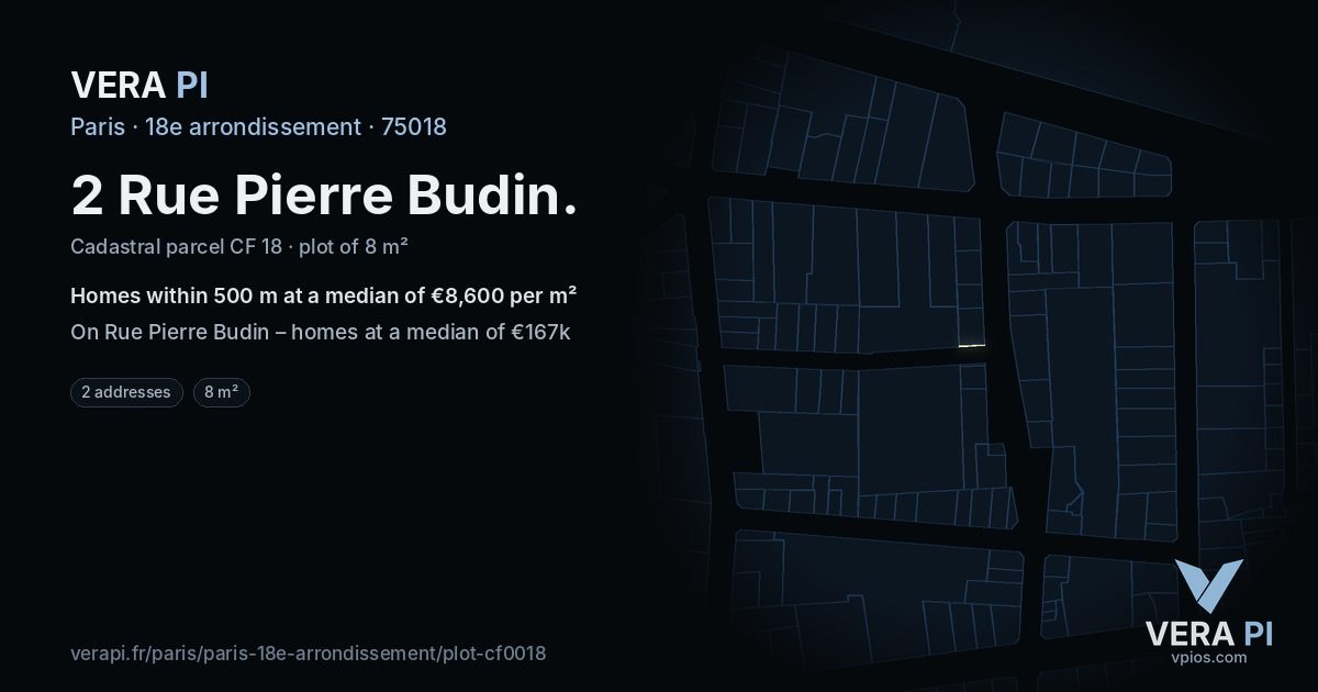2 Rue Pierre Budin, 18e arrondissement at night – the plot lit, the parcels around coloured by the prices near them