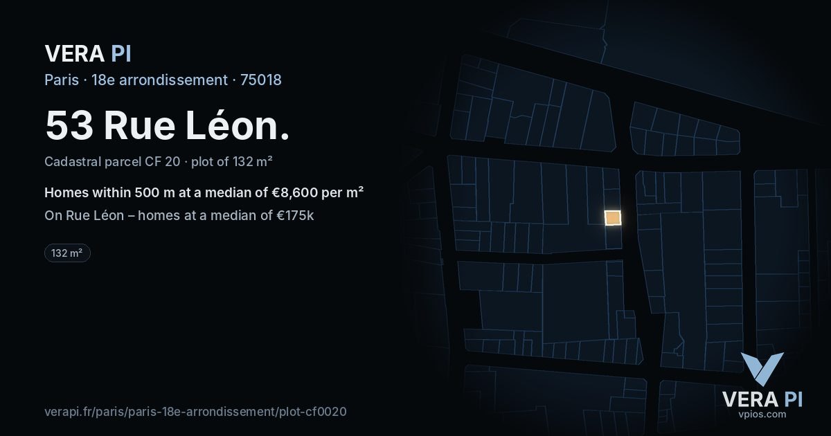 53 Rue Léon, 18e arrondissement at night – the plot lit, the parcels around coloured by the prices near them