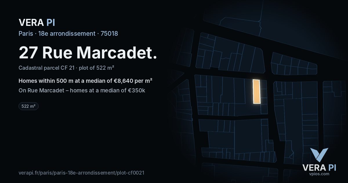 27 Rue Marcadet, 18e arrondissement at night – the plot lit, the parcels around coloured by the prices near them