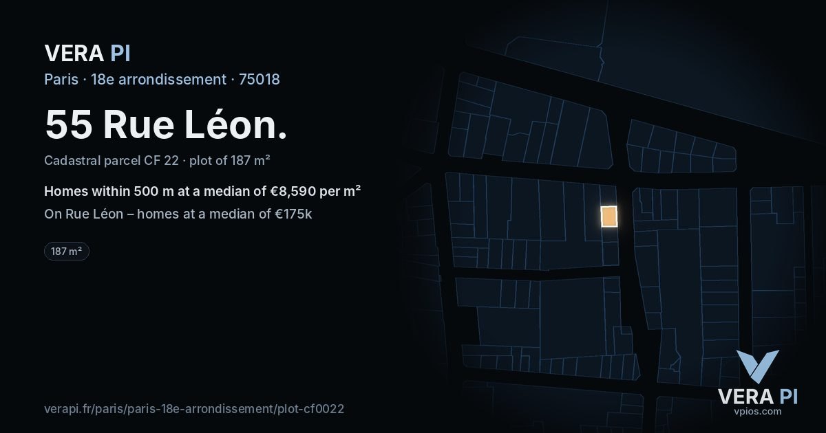 55 Rue Léon, 18e arrondissement at night – the plot lit, the parcels around coloured by the prices near them