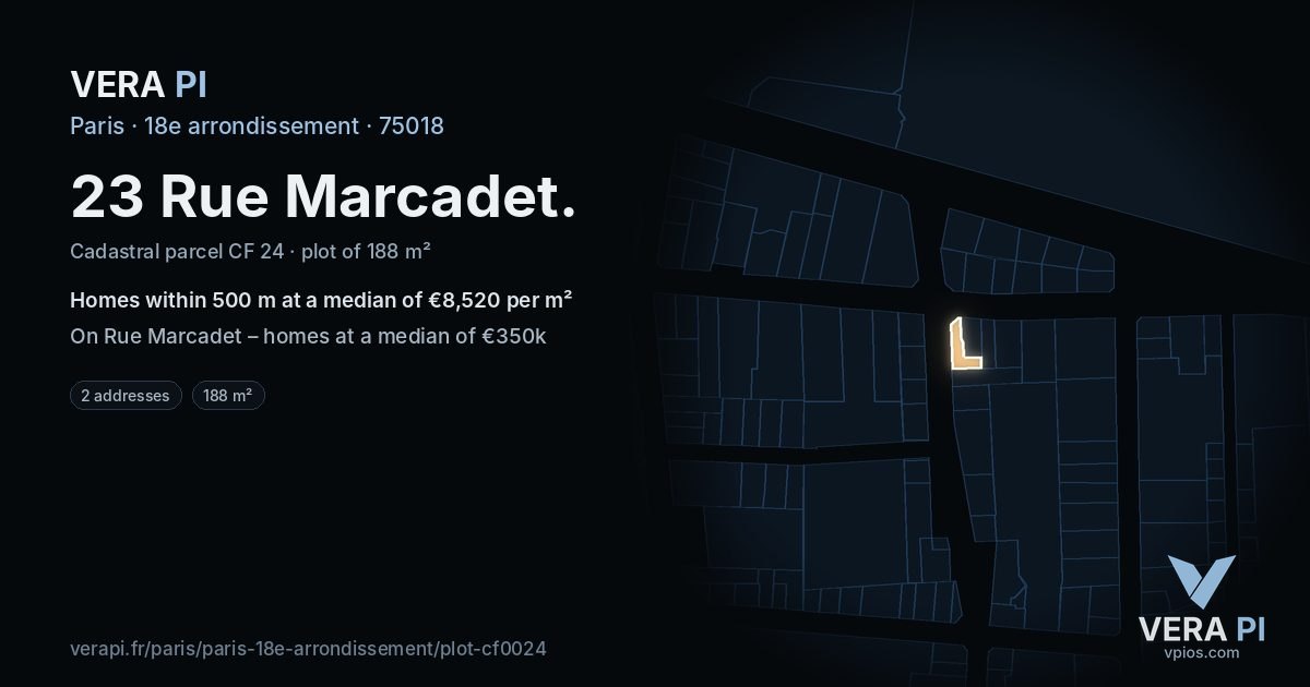 23 Rue Marcadet, 18e arrondissement at night – the plot lit, the parcels around coloured by the prices near them