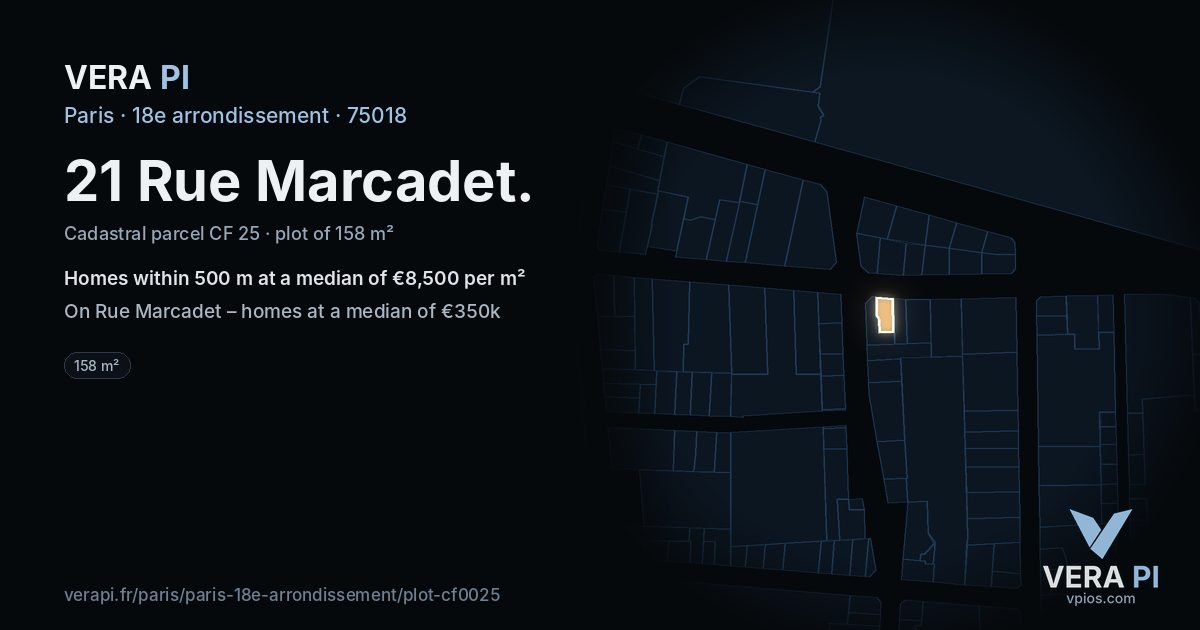 21 Rue Marcadet, 18e arrondissement at night – the plot lit, the parcels around coloured by the prices near them