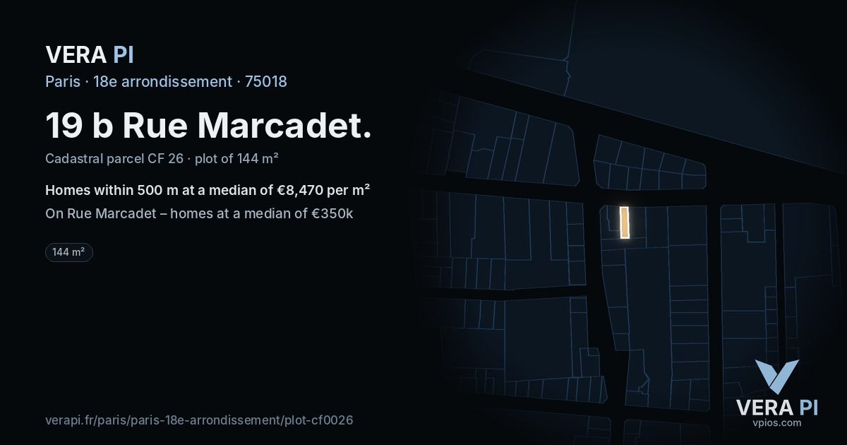 19 b Rue Marcadet, 18e arrondissement at night – the plot lit, the parcels around coloured by the prices near them