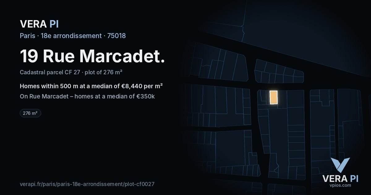 19 Rue Marcadet, 18e arrondissement at night – the plot lit, the parcels around coloured by the prices near them