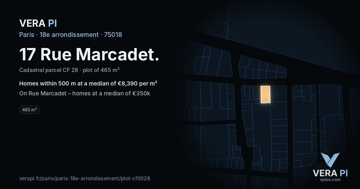 17 Rue Marcadet, 18e arrondissement at night – the plot lit, the parcels around coloured by the prices near them