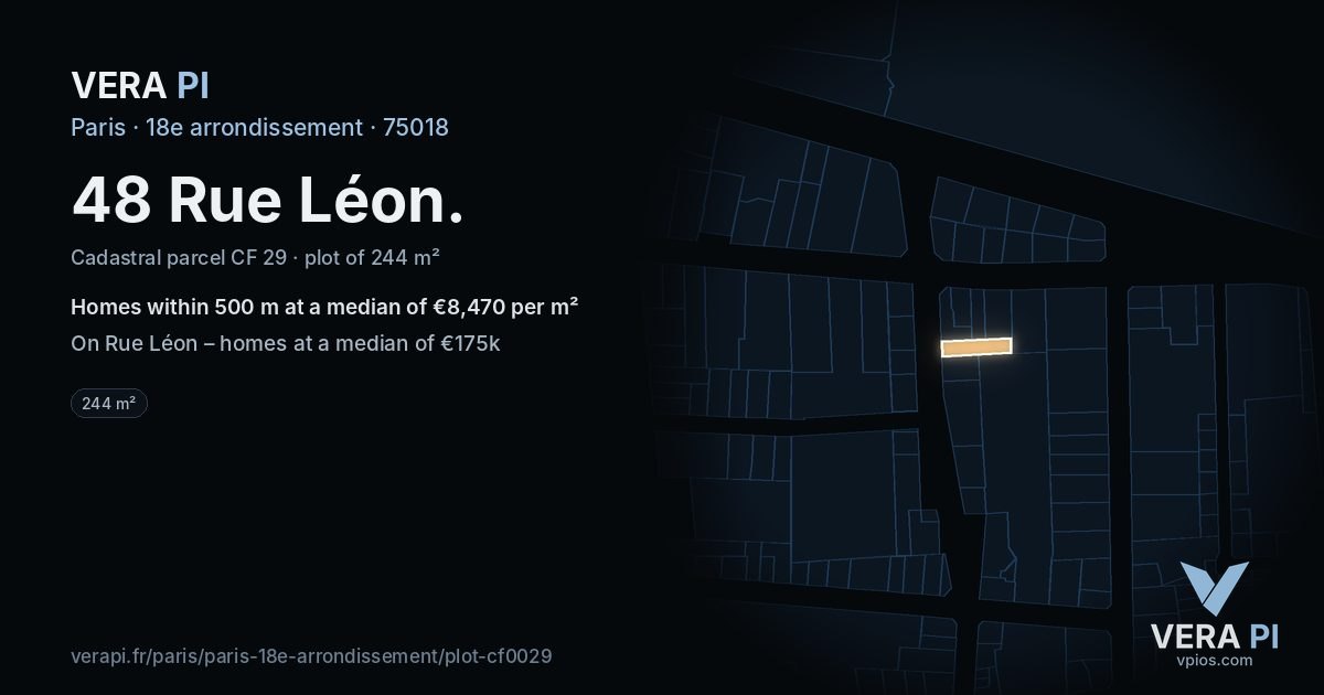 48 Rue Léon, 18e arrondissement at night – the plot lit, the parcels around coloured by the prices near them