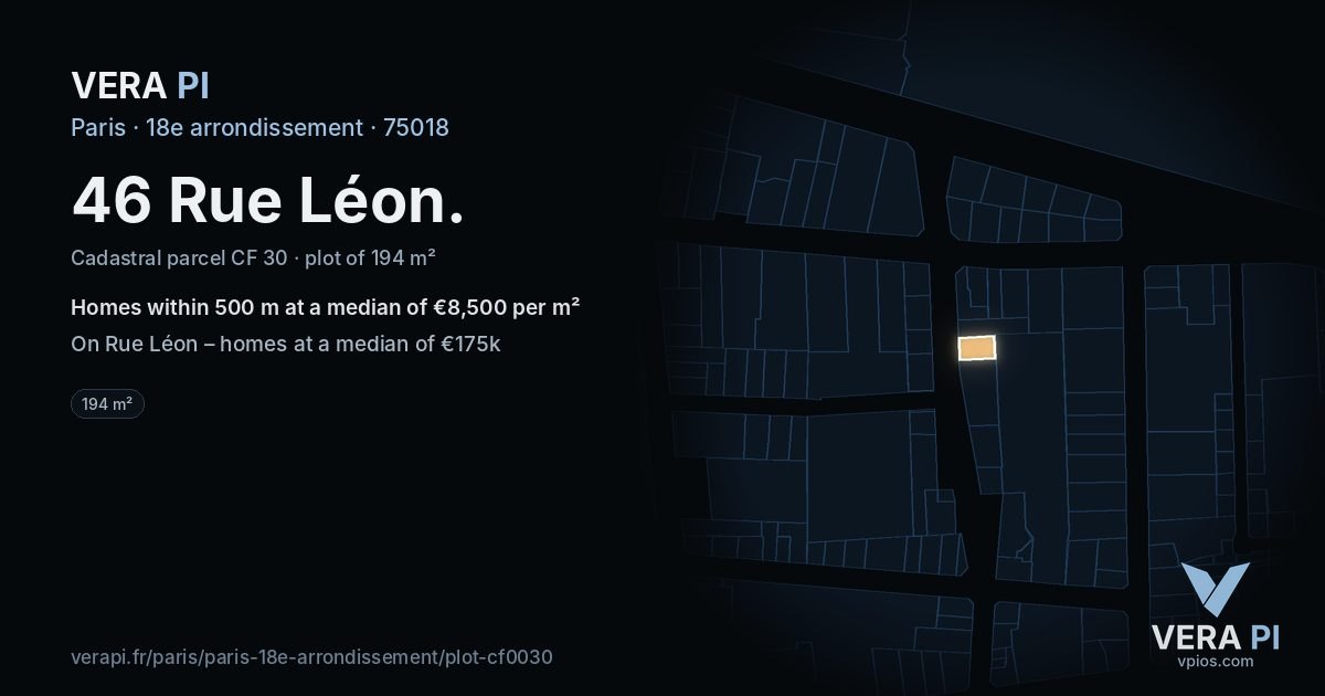46 Rue Léon, 18e arrondissement at night – the plot lit, the parcels around coloured by the prices near them