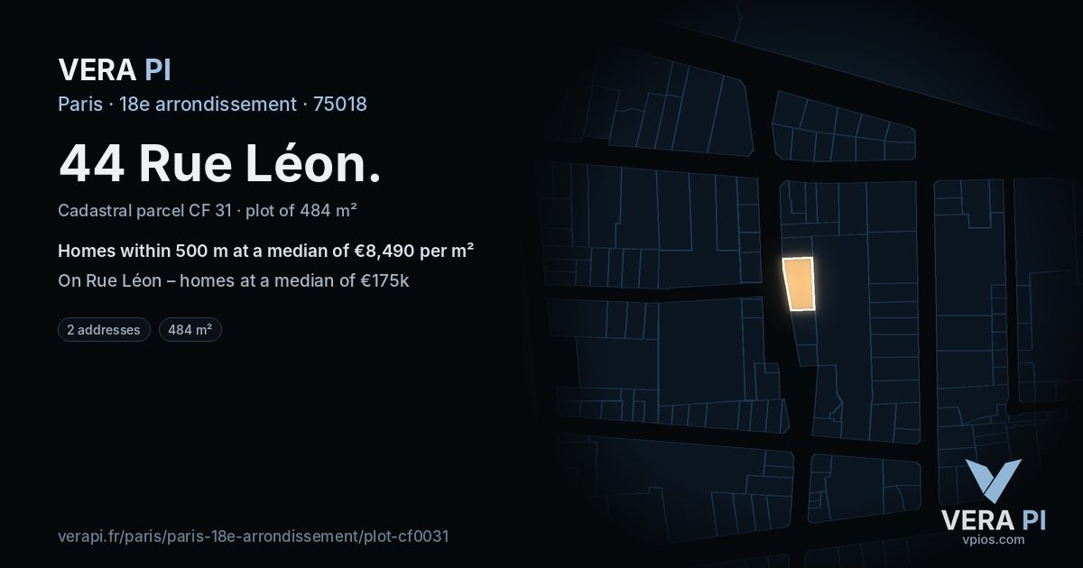 44 Rue Léon, 18e arrondissement at night – the plot lit, the parcels around coloured by the prices near them
