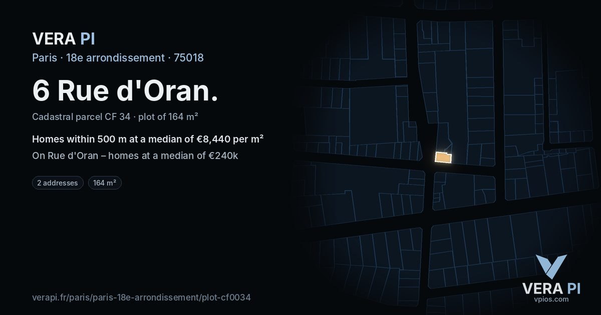 6 Rue d'Oran, 18e arrondissement at night – the plot lit, the parcels around coloured by the prices near them