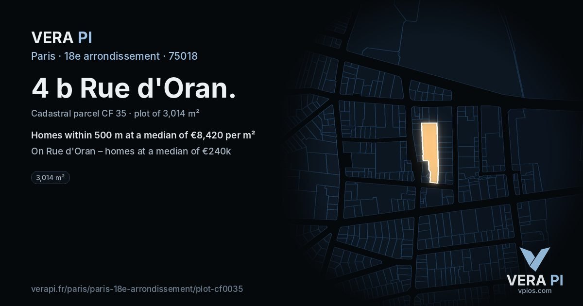 4 b Rue d'Oran, 18e arrondissement at night – the plot lit, the parcels around coloured by the prices near them