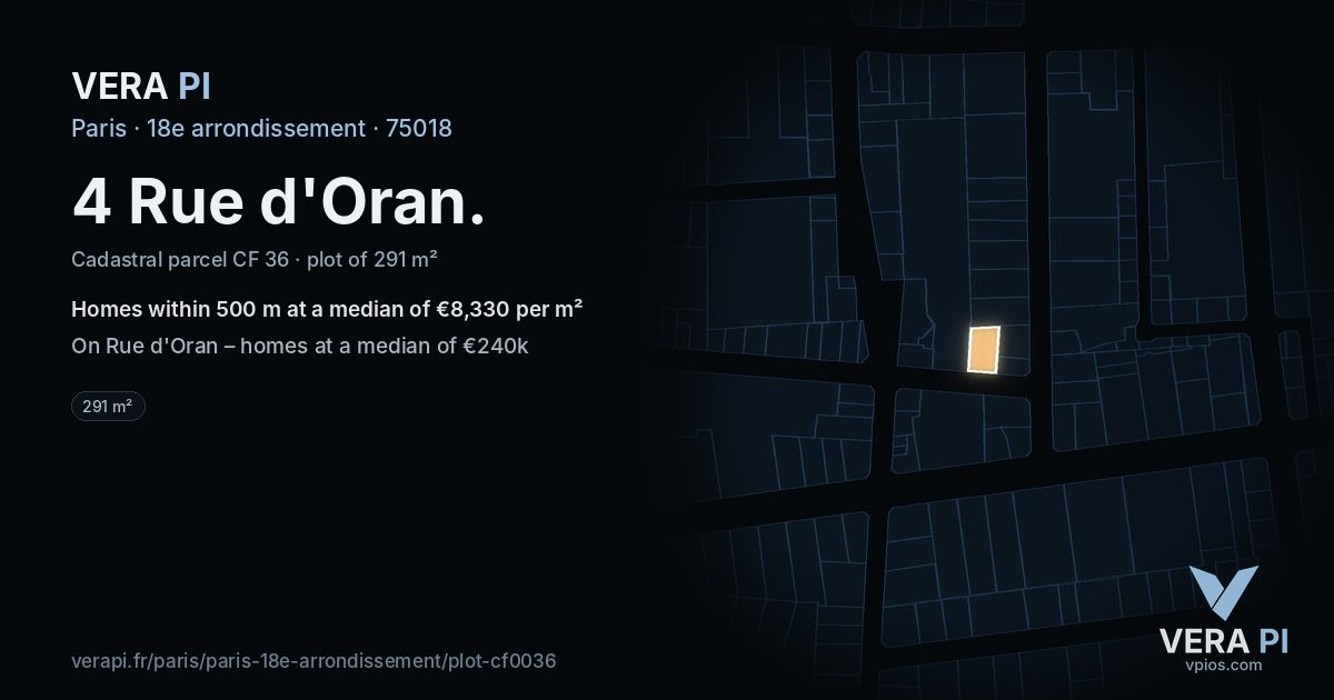4 Rue d'Oran, 18e arrondissement at night – the plot lit, the parcels around coloured by the prices near them