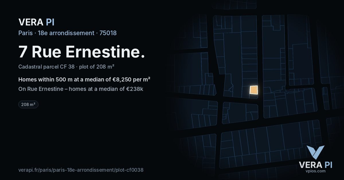 7 Rue Ernestine, 18e arrondissement at night – the plot lit, the parcels around coloured by the prices near them