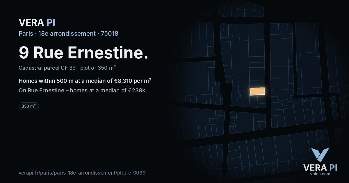 9 Rue Ernestine, 18e arrondissement at night – the plot lit, the parcels around coloured by the prices near them