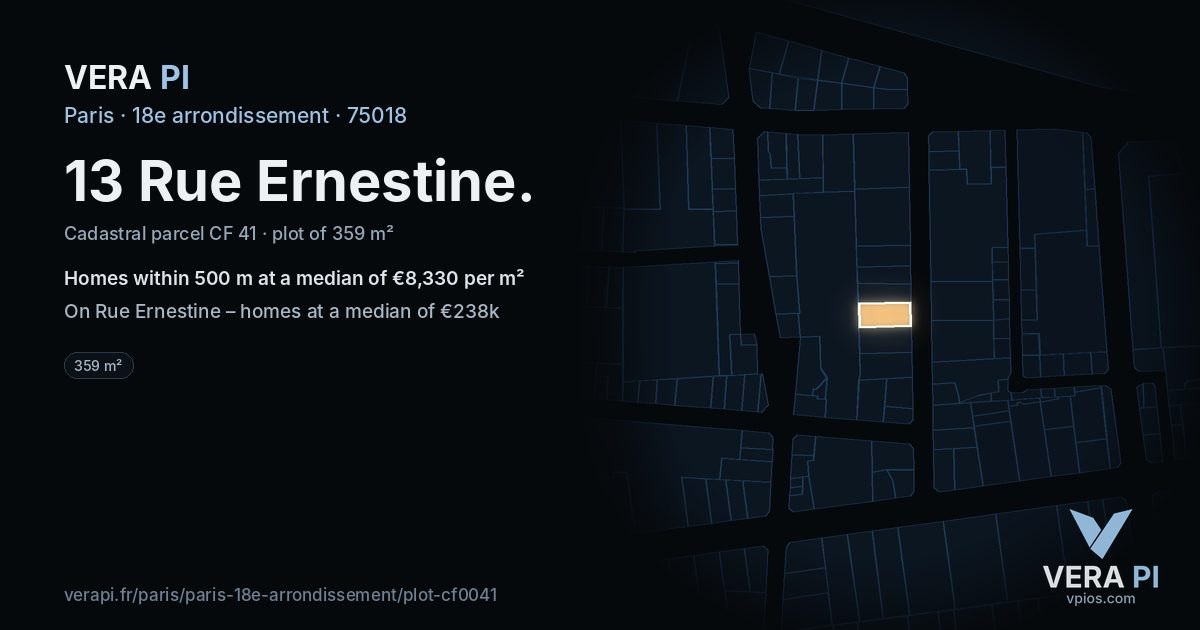 13 Rue Ernestine, 18e arrondissement at night – the plot lit, the parcels around coloured by the prices near them