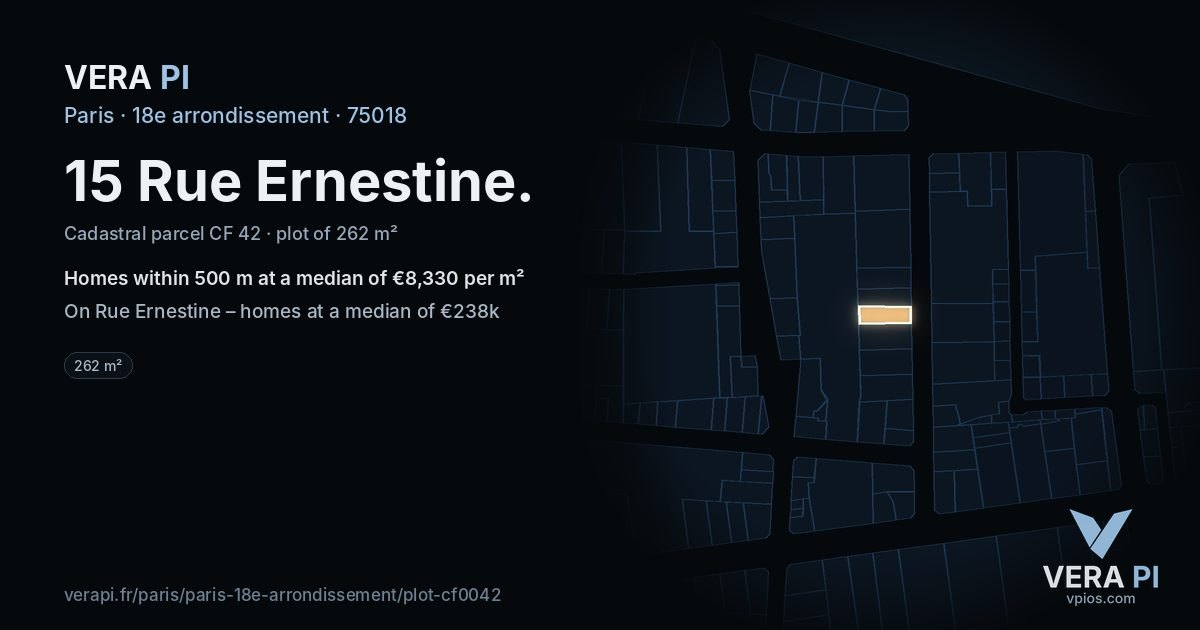 15 Rue Ernestine, 18e arrondissement at night – the plot lit, the parcels around coloured by the prices near them