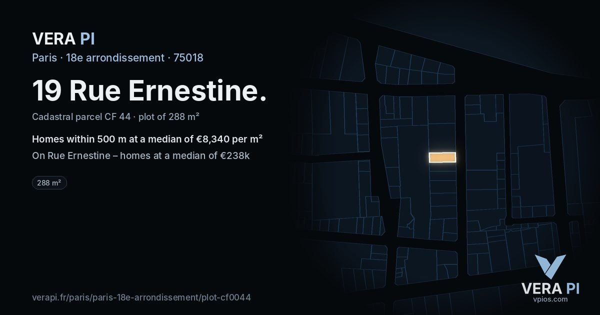19 Rue Ernestine, 18e arrondissement at night – the plot lit, the parcels around coloured by the prices near them