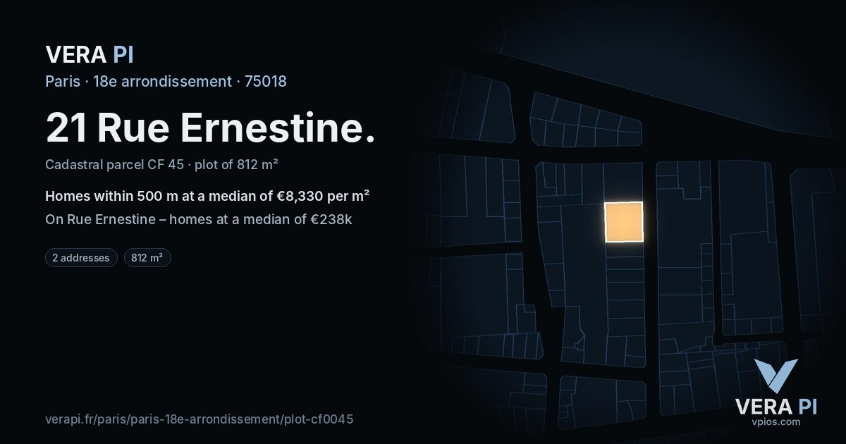 21 Rue Ernestine, 18e arrondissement at night – the plot lit, the parcels around coloured by the prices near them