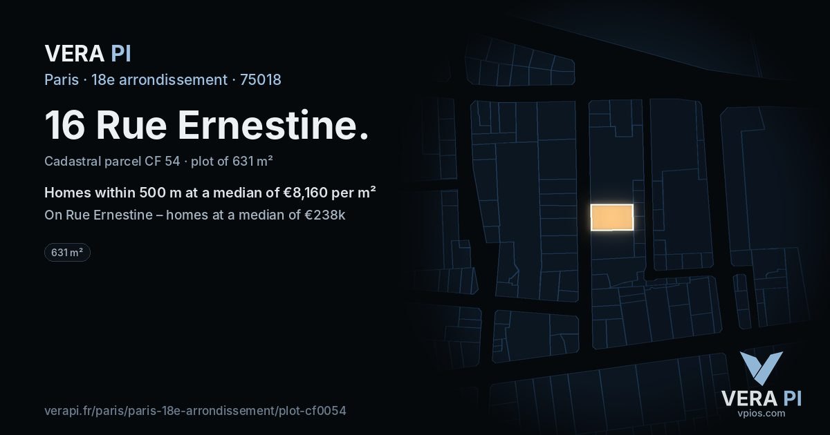 16 Rue Ernestine, 18e arrondissement at night – the plot lit, the parcels around coloured by the prices near them