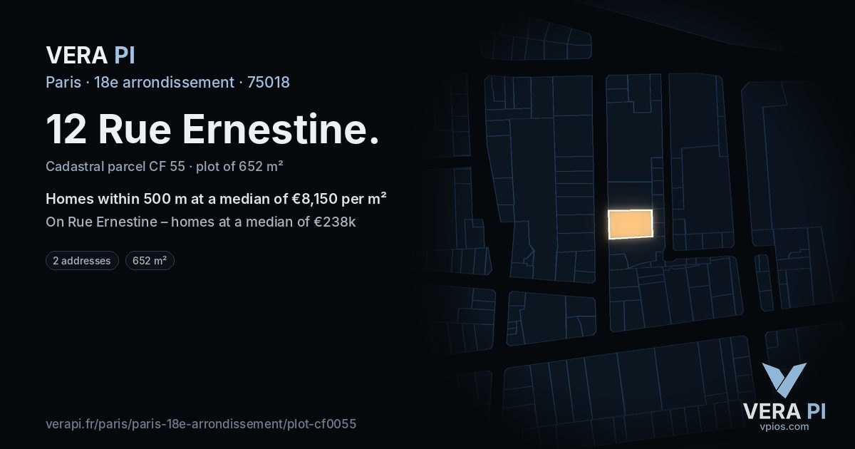 12 Rue Ernestine, 18e arrondissement at night – the plot lit, the parcels around coloured by the prices near them