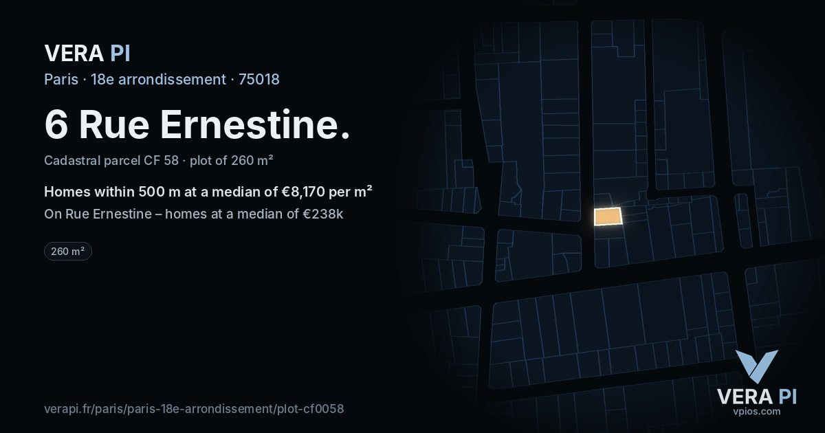 6 Rue Ernestine, 18e arrondissement at night – the plot lit, the parcels around coloured by the prices near them