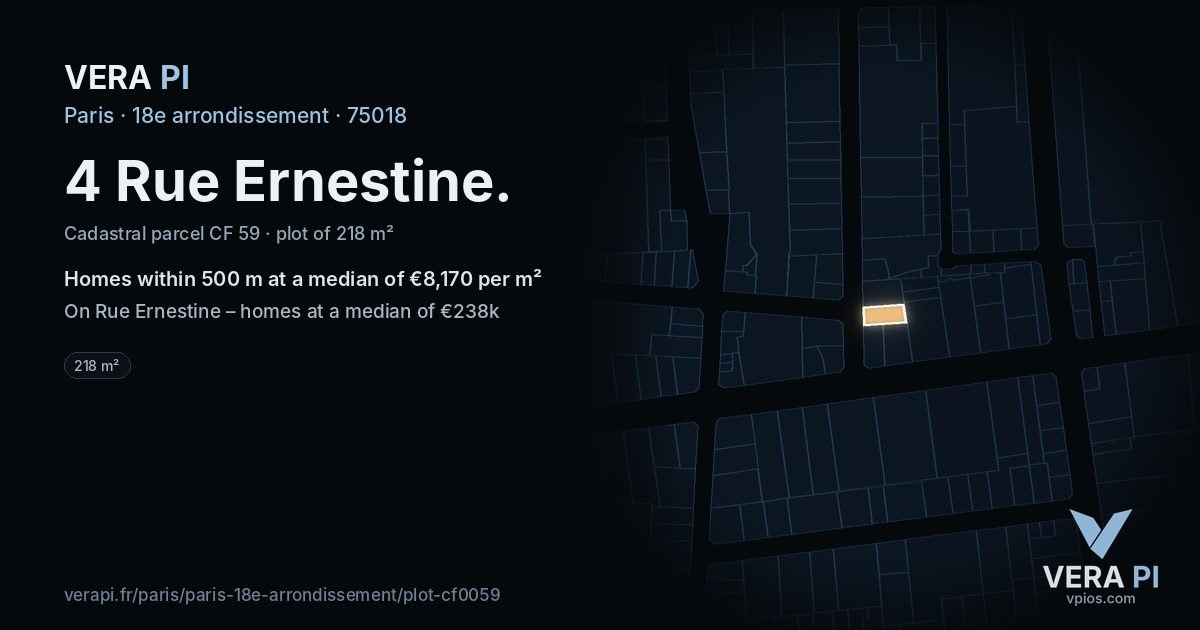 4 Rue Ernestine, 18e arrondissement at night – the plot lit, the parcels around coloured by the prices near them