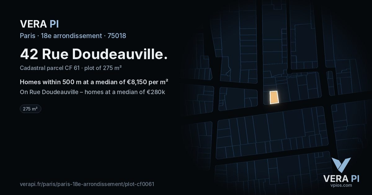 42 Rue Doudeauville, 18e arrondissement at night – the plot lit, the parcels around coloured by the prices near them