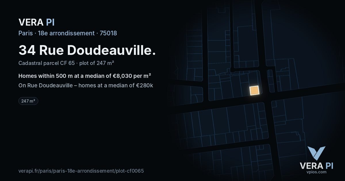 34 Rue Doudeauville, 18e arrondissement at night – the plot lit, the parcels around coloured by the prices near them