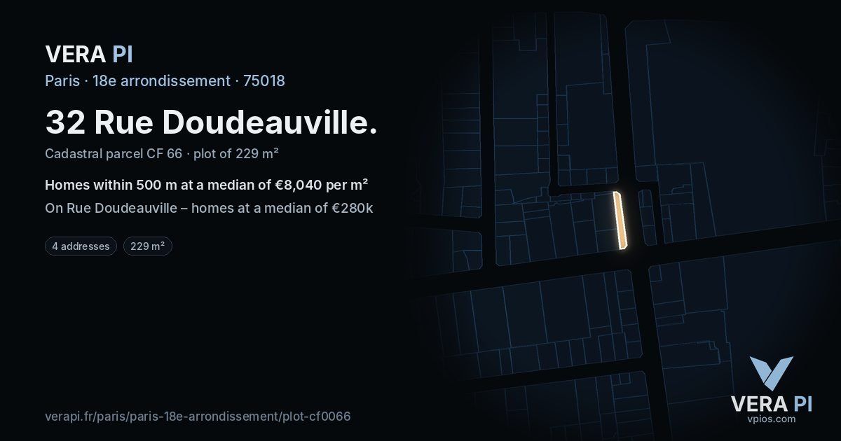 32 Rue Doudeauville, 18e arrondissement at night – the plot lit, the parcels around coloured by the prices near them