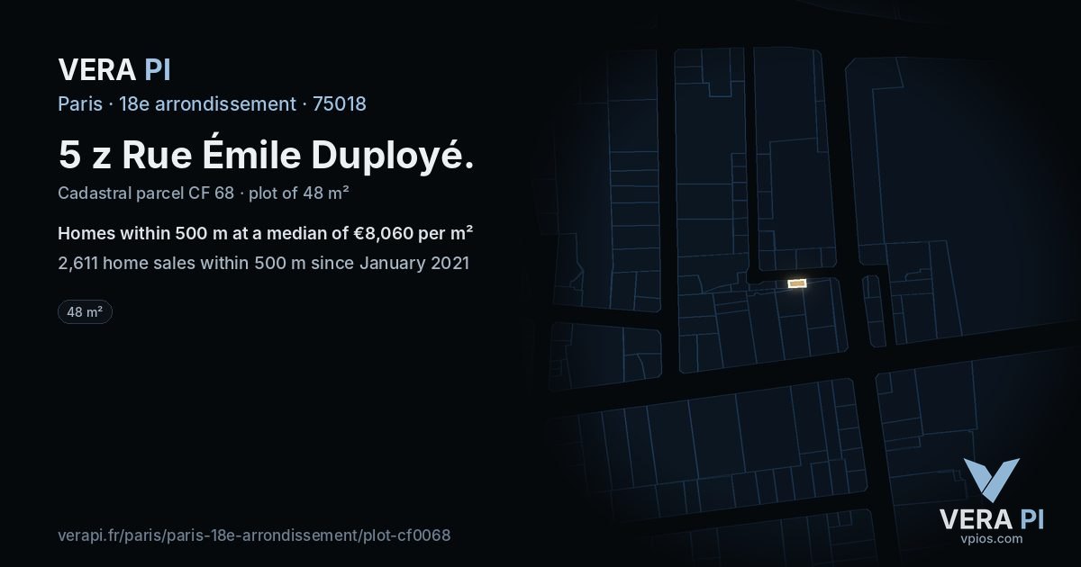 5 z Rue Émile Duployé, 18e arrondissement at night – the plot lit, the parcels around coloured by the prices near them