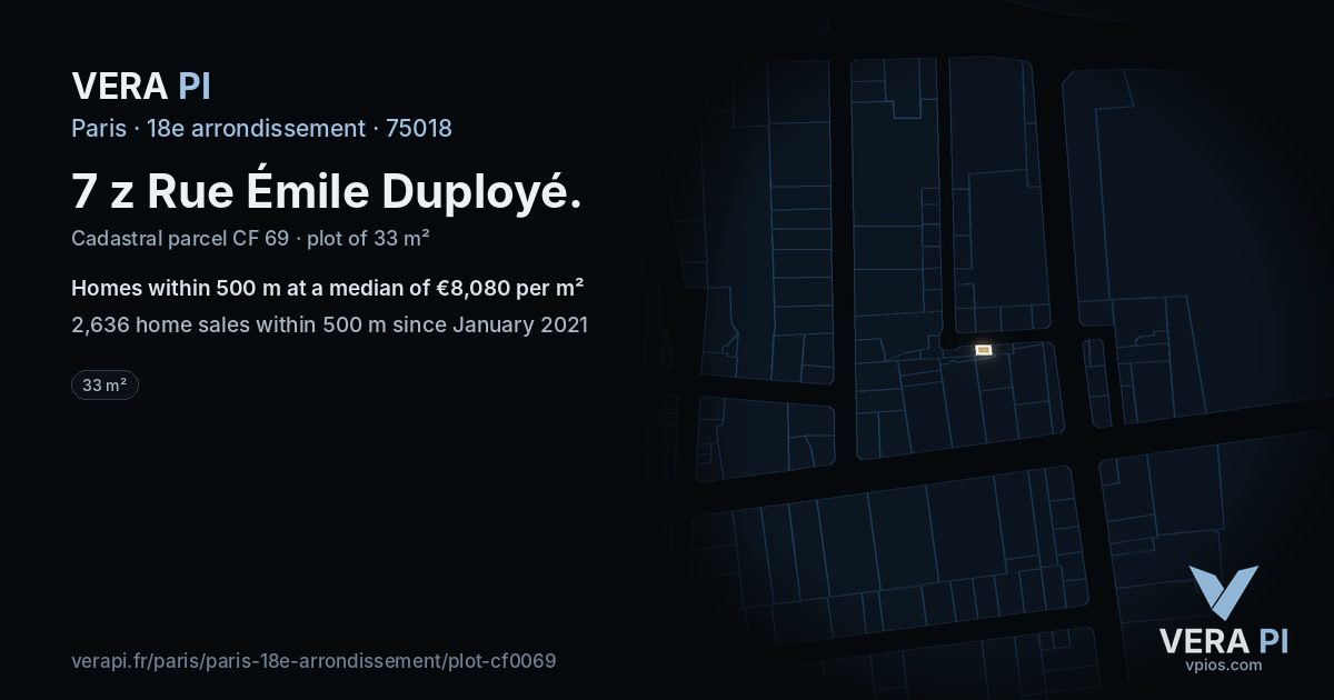 7 z Rue Émile Duployé, 18e arrondissement at night – the plot lit, the parcels around coloured by the prices near them