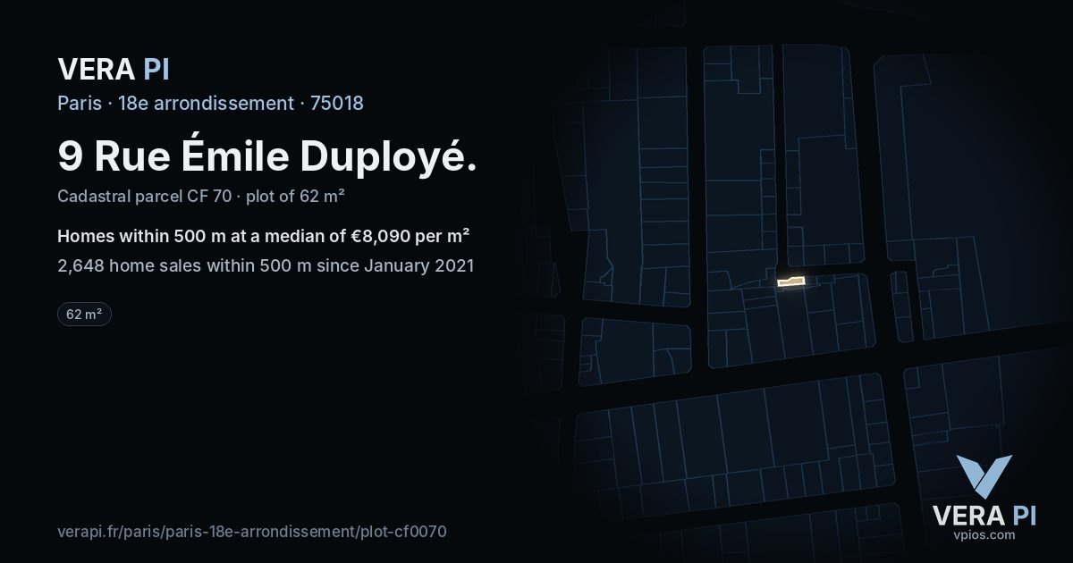 9 Rue Émile Duployé, 18e arrondissement at night – the plot lit, the parcels around coloured by the prices near them