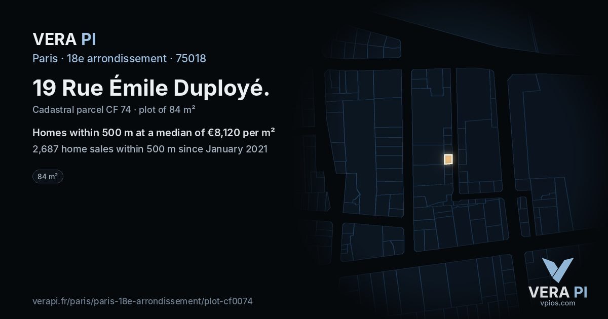 19 Rue Émile Duployé, 18e arrondissement at night – the plot lit, the parcels around coloured by the prices near them