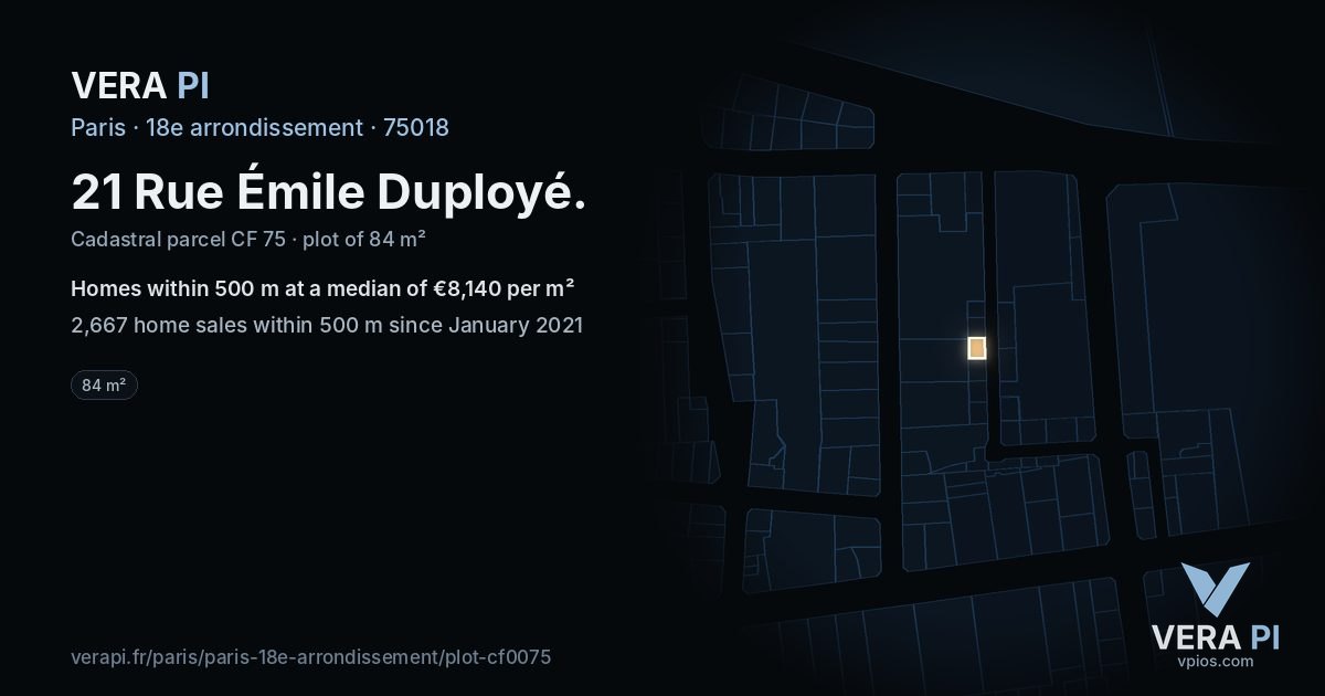 21 Rue Émile Duployé, 18e arrondissement at night – the plot lit, the parcels around coloured by the prices near them