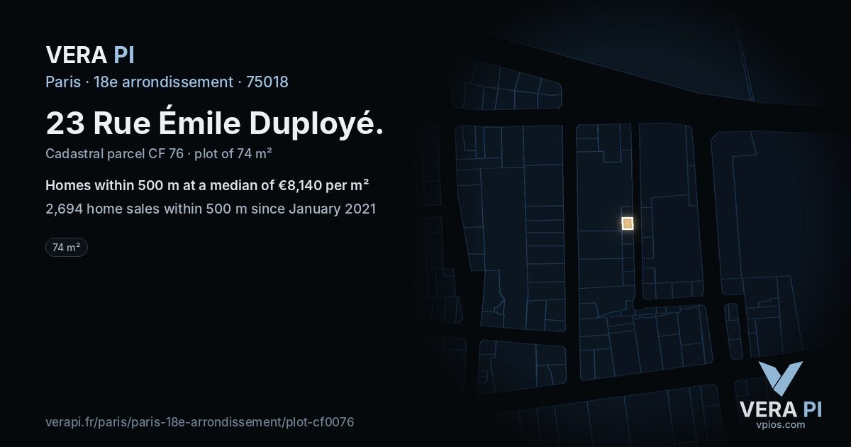 23 Rue Émile Duployé, 18e arrondissement at night – the plot lit, the parcels around coloured by the prices near them