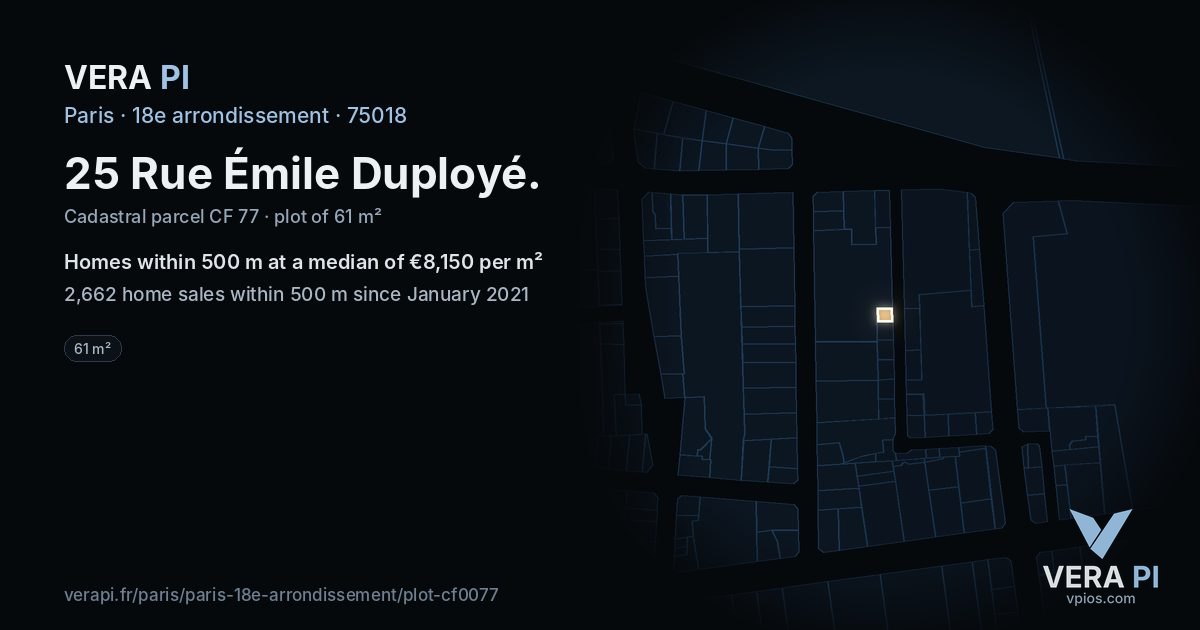 25 Rue Émile Duployé, 18e arrondissement at night – the plot lit, the parcels around coloured by the prices near them