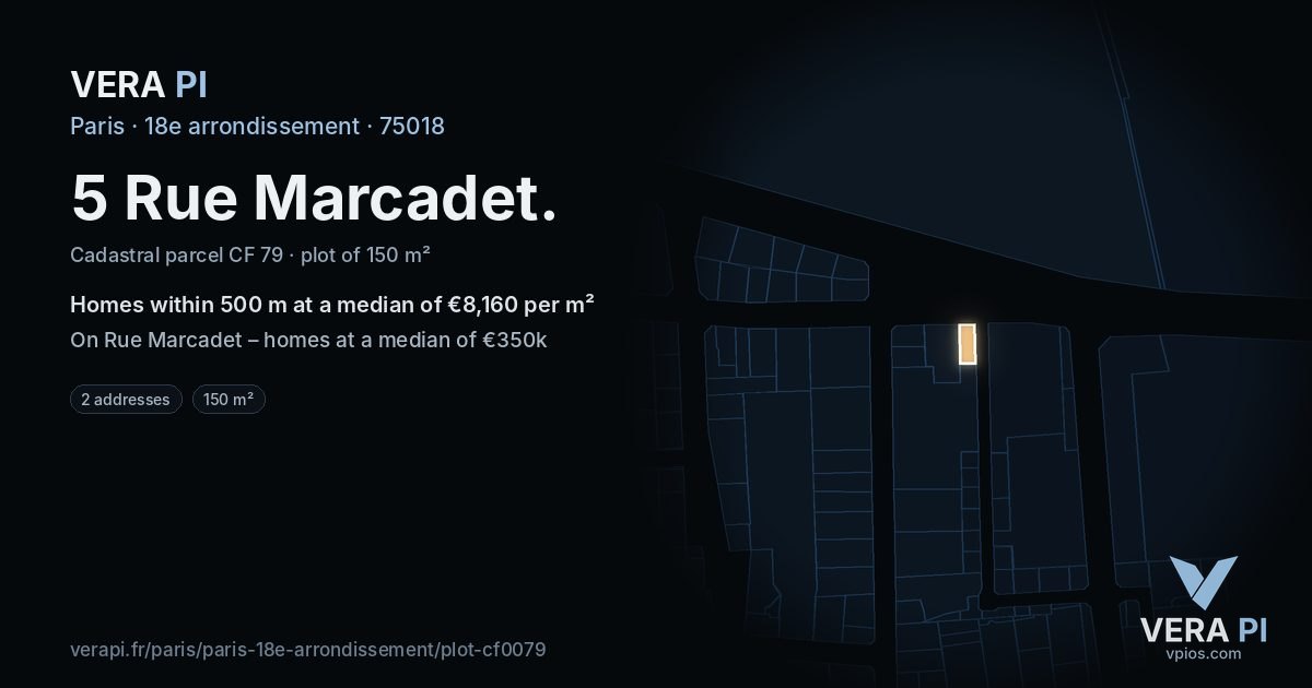 5 Rue Marcadet, 18e arrondissement at night – the plot lit, the parcels around coloured by the prices near them