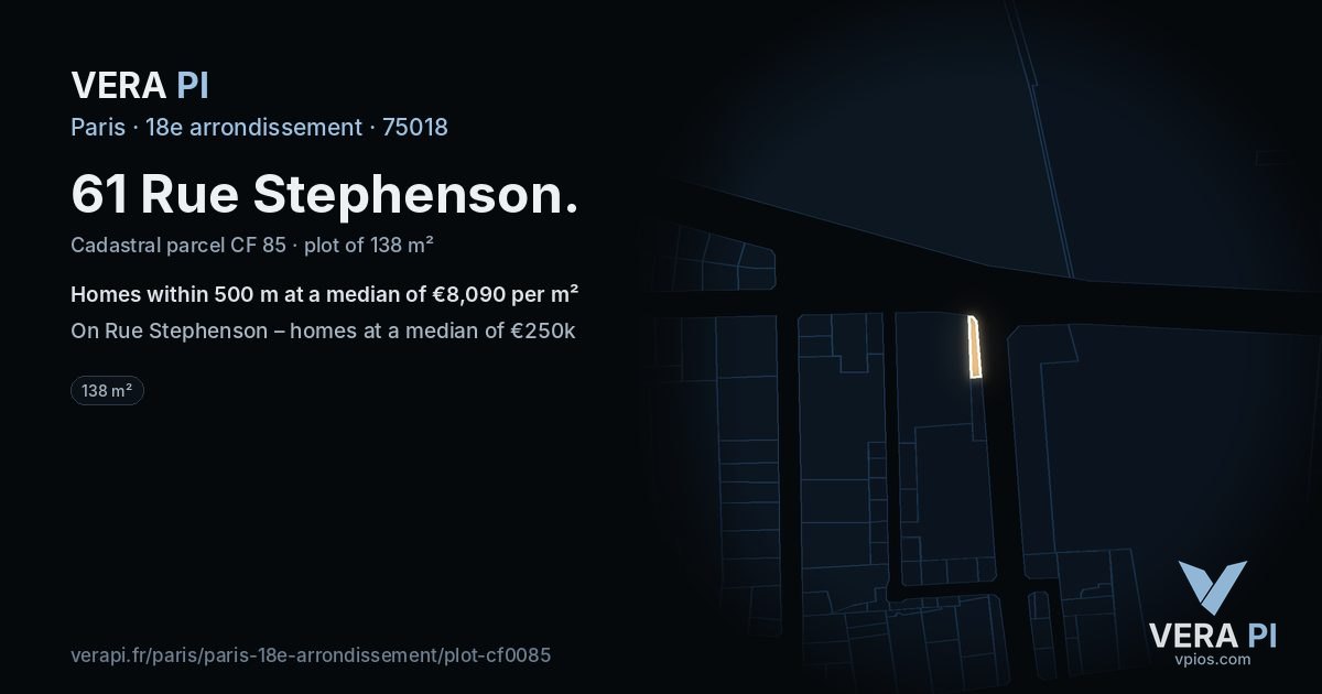61 Rue Stephenson, 18e arrondissement at night – the plot lit, the parcels around coloured by the prices near them
